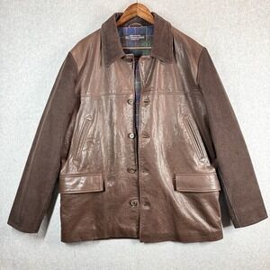 The J. Peterman Company Leather Corduroy Jacket Men Large Flannel Lined Car Coat